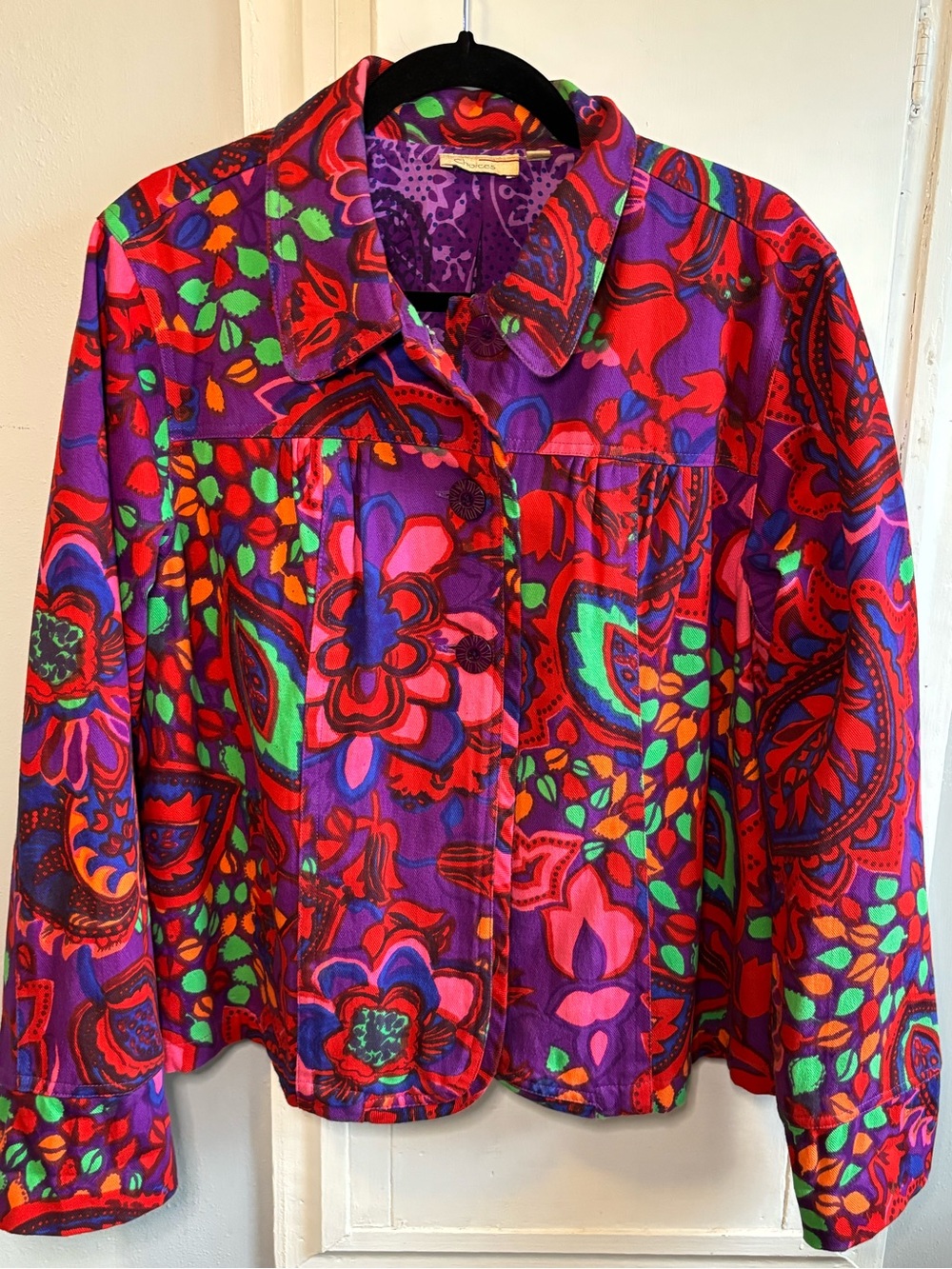 Vintage Choices Vibrant Multicolor Floral Jean Jacket - Purple, Red, Green, Pink